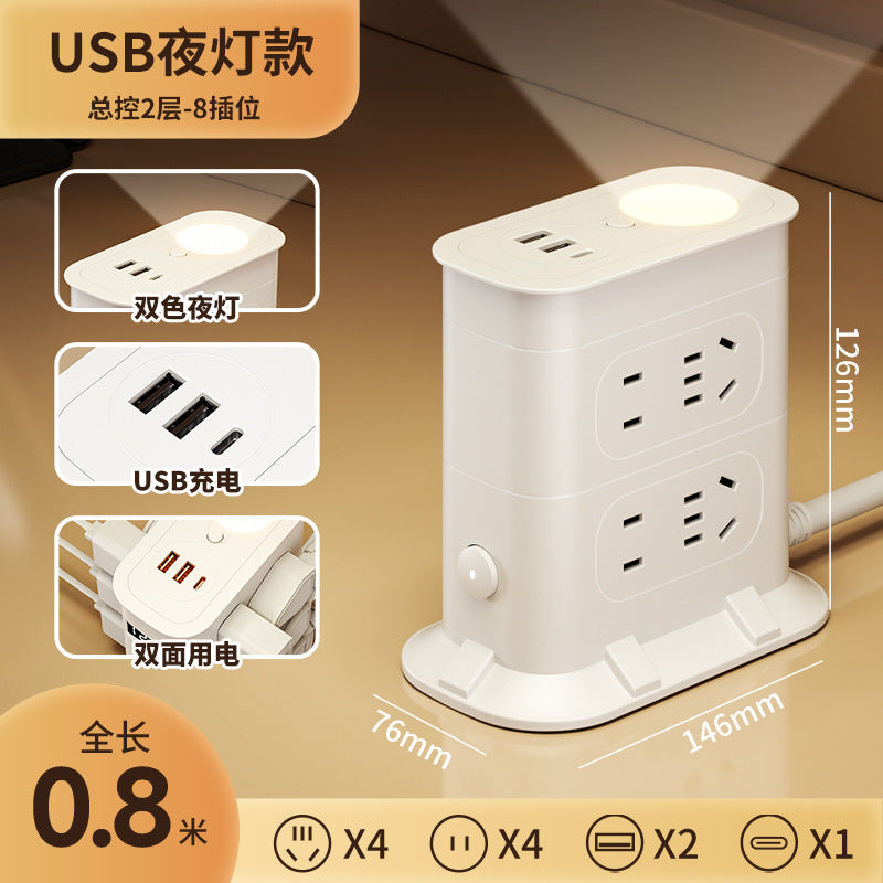 Multi-functional usb power strip socket - dorm room student power strip with long cord, home office desk panel with clock and night light