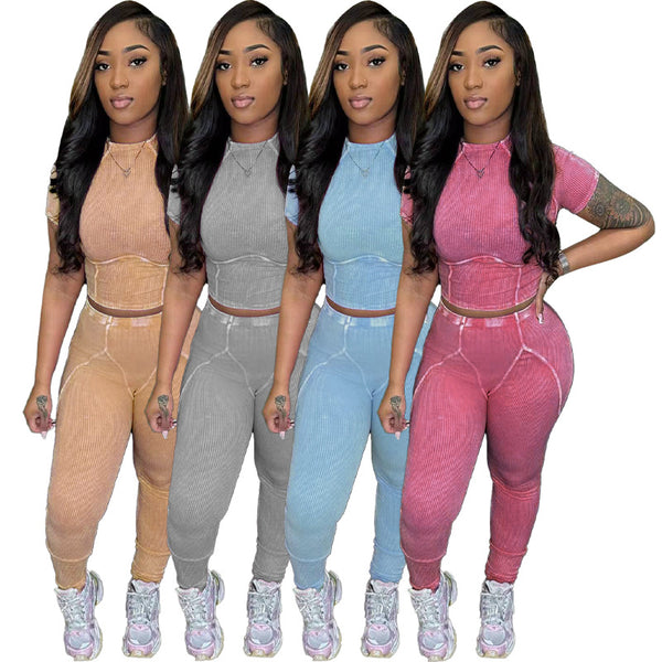 HR24015 European and American women's clothing,  hot-selling models, washed and old threaded short-sleeved trousers set