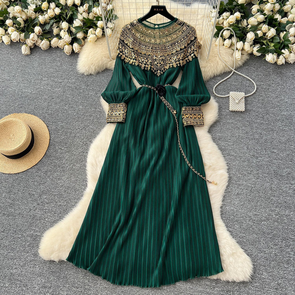 Frenchclassyelegantheavy sequin embroidered beadspatchworklong sleevesdress women's strappy waist elegant pleated long skirt