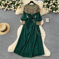 Frenchclassyelegantheavy sequin embroidered beadspatchworklong sleevesdress women's strappy waist elegant pleated long skirt