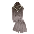 European style fashion set for women - summer design with 3d embossed hooded sleeveless knit top and high-waisted wide-leg shorts