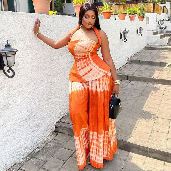 European and American style  loose and comfortable backless printed skirt set hanging neck and waist tide two-piece set casual commuter women's clothing