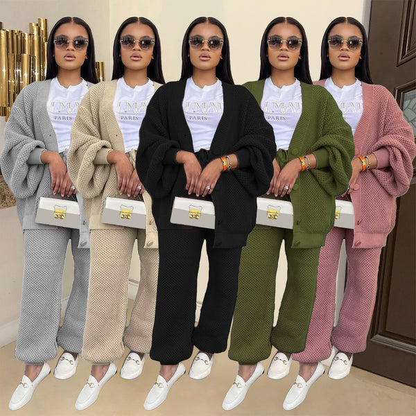 MY109 European and American casual loose V-neck cardigan sweater two-piece set