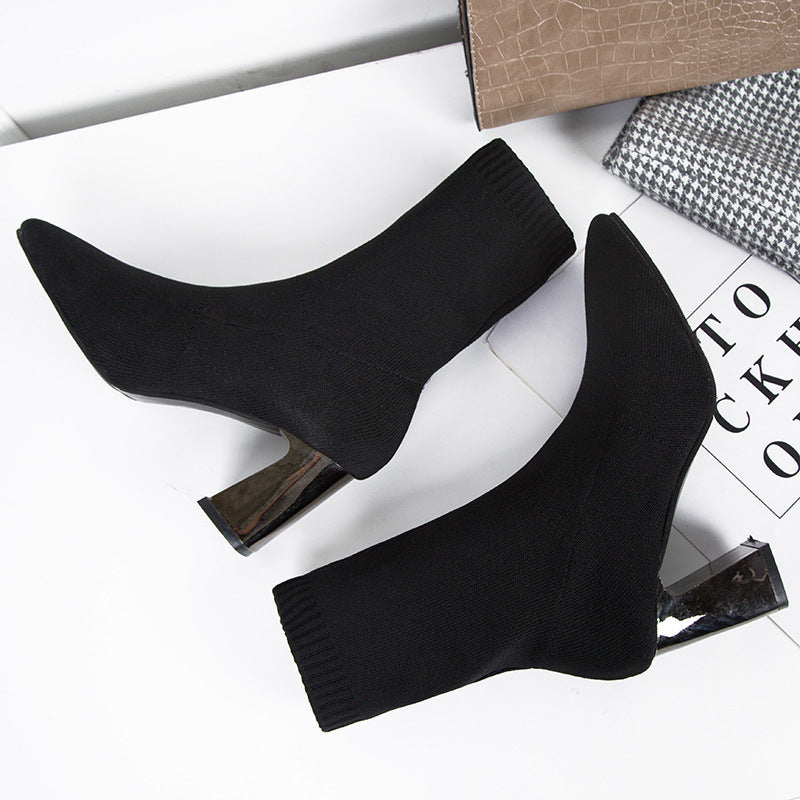 Women's black ankle boots - warm, comfortable, and stylish pointed-toe heels - casual chunky heel single shoes