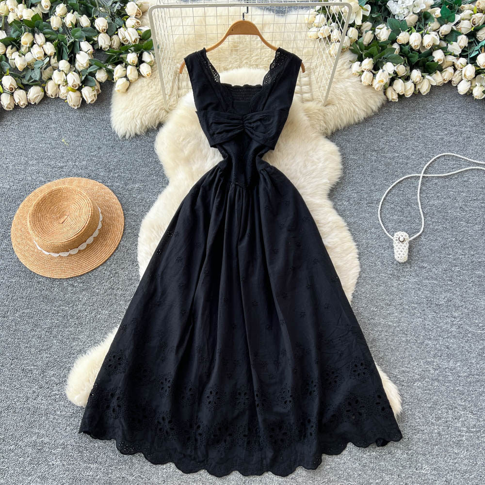 French red cut out sleeveless silmdress women's summer pure desire style high waist slimming lookelegant vacation style a-line skirt