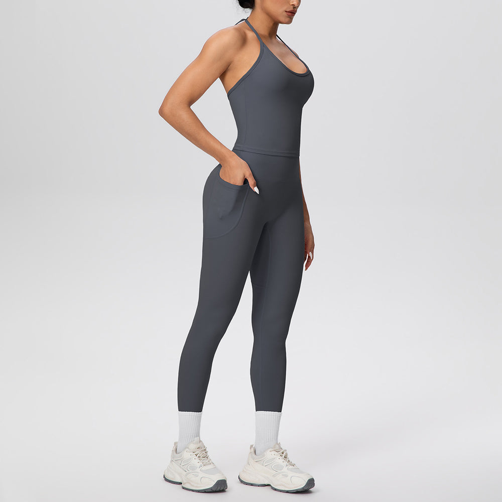 Cloud-feel quick-dry tie-up tank top & high-waisted pocket leggings activewear set - perfect for outdoor running, fitness, and yoga