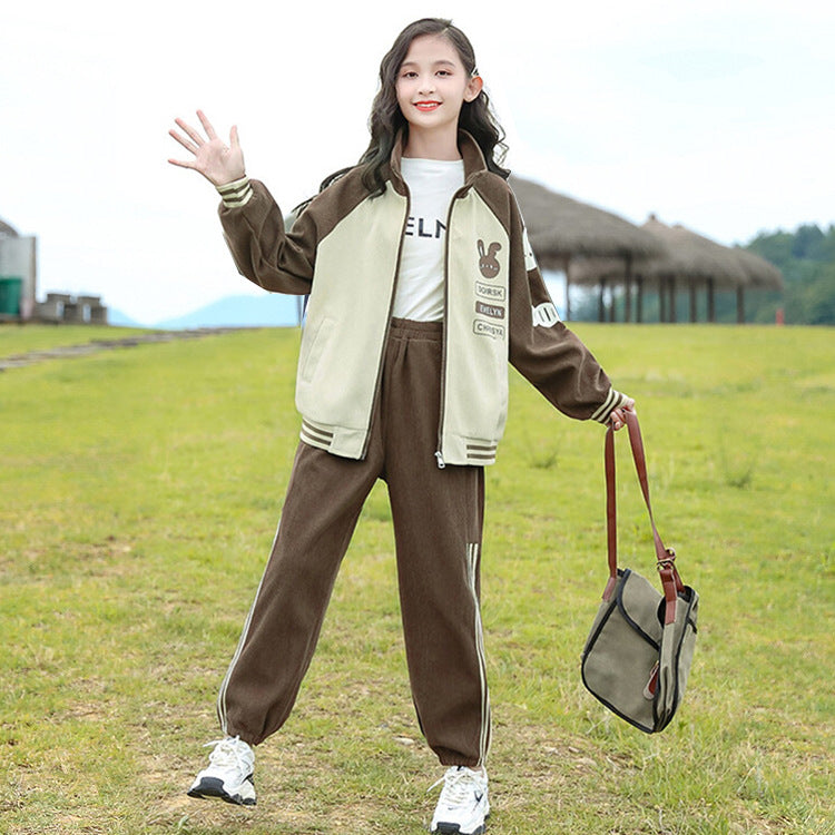 Girls' activewear set - spring/autumn  new collection - stylish and trendy baseball jacket & sweatshirt two-piece set for mid-to-large children