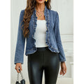 1688 source factory ruffle hem denim cropped jacket women's new collarless open front cardigan top buttonless light blue outerwear