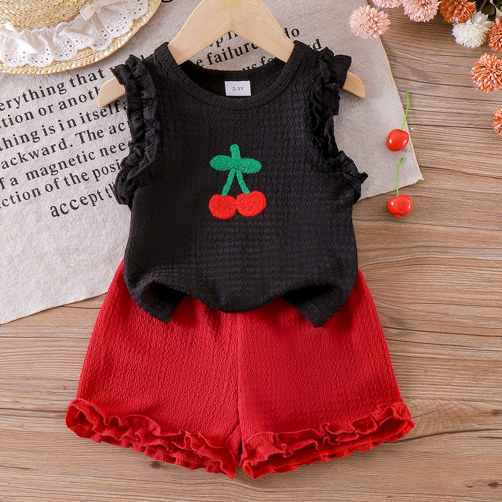 Children's clothing cross-border european and american girls black vest + red shorts two-piece set children's clothing