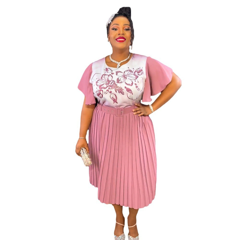 Aliexpress women's printed dress african cross-border trade new style maternity plus size pleated skirt with belt