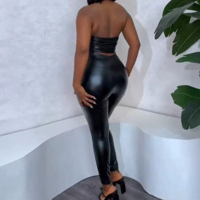 european and american export women's solid color pu sexy strappy bodycon bandeau top and high-waisted skinny leggings set