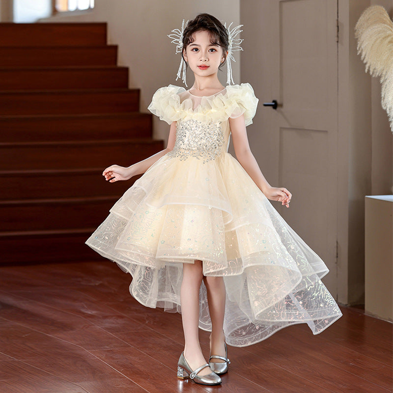 Girls' mesh evening gown, flower girl wedding dress for mid-to-large children, princess dress with train, european and american style, ages 3-14