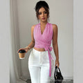 fashionsummernew arrival rose red stripes wrap-around haltertops side straps waist exposed navel