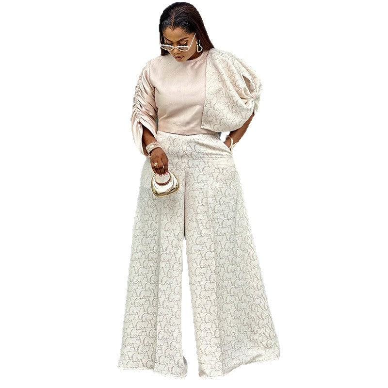 European and american cross-border women's fashion:  autumn new collection - stylish round neck top with printed wide-leg pants set