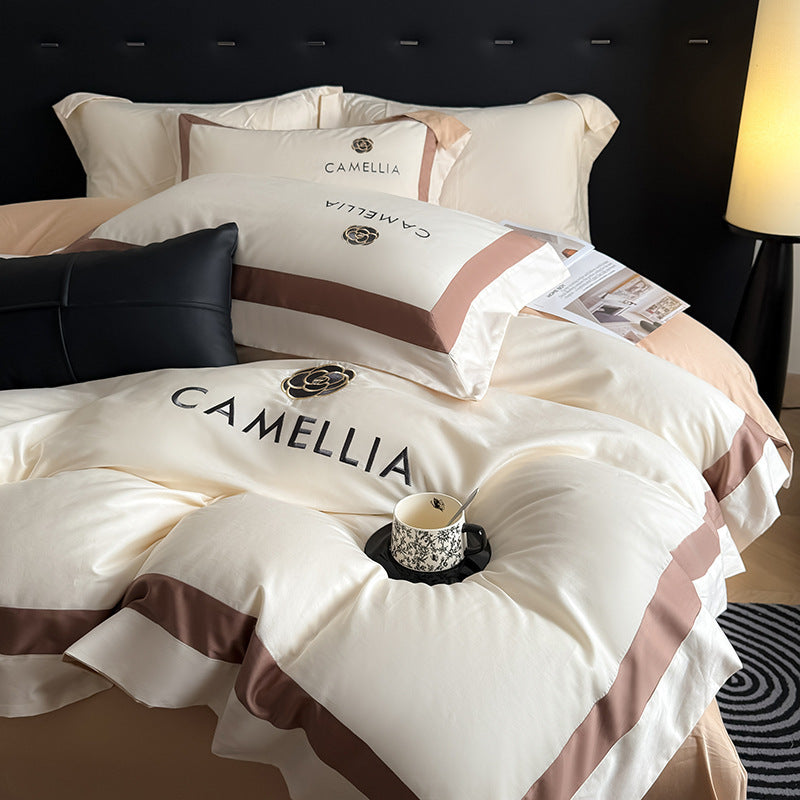 Solid color four-piece cotton light luxury high-end pure cotton quilt cover bed sheet villa model room master bedroom bedding