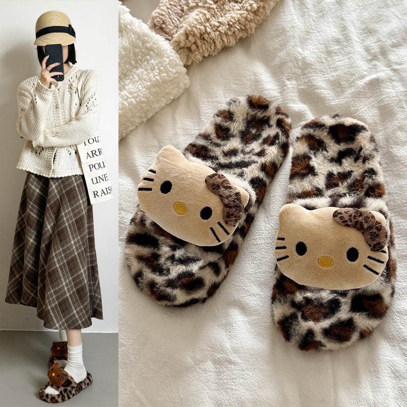 Ins super fire leopard print kt cat thick sole fur slippers for women can be worn outside fall and winter home heattechkorean stylefashion cotton slippers