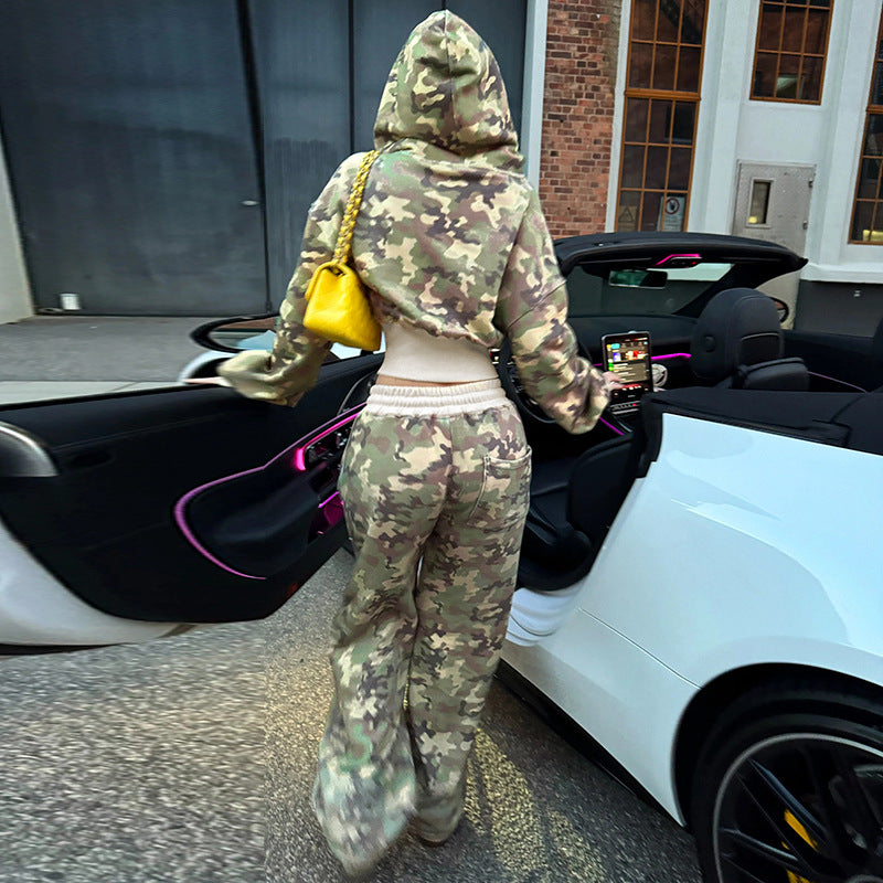 European and American casual style contrasting colors, waist hooded long-sleeved sweatshirt sweatpants two-piece set camouflage cardigan jacket trousers set