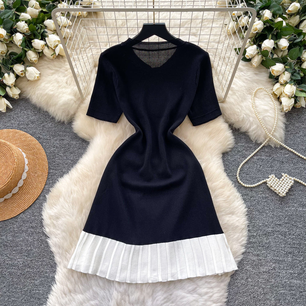 French chic sweet knit round neck dress - women's summer high-end black short sleeve ruffle hem work dress