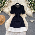French chic sweet knit round neck dress - women's summer high-end black short sleeve ruffle hem work dress