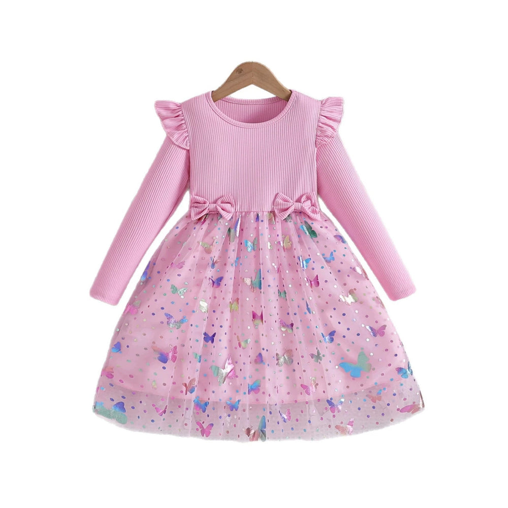 new mesh girl's spring/autumn butterfly print puffy princess dress - long sleeve girls' dress