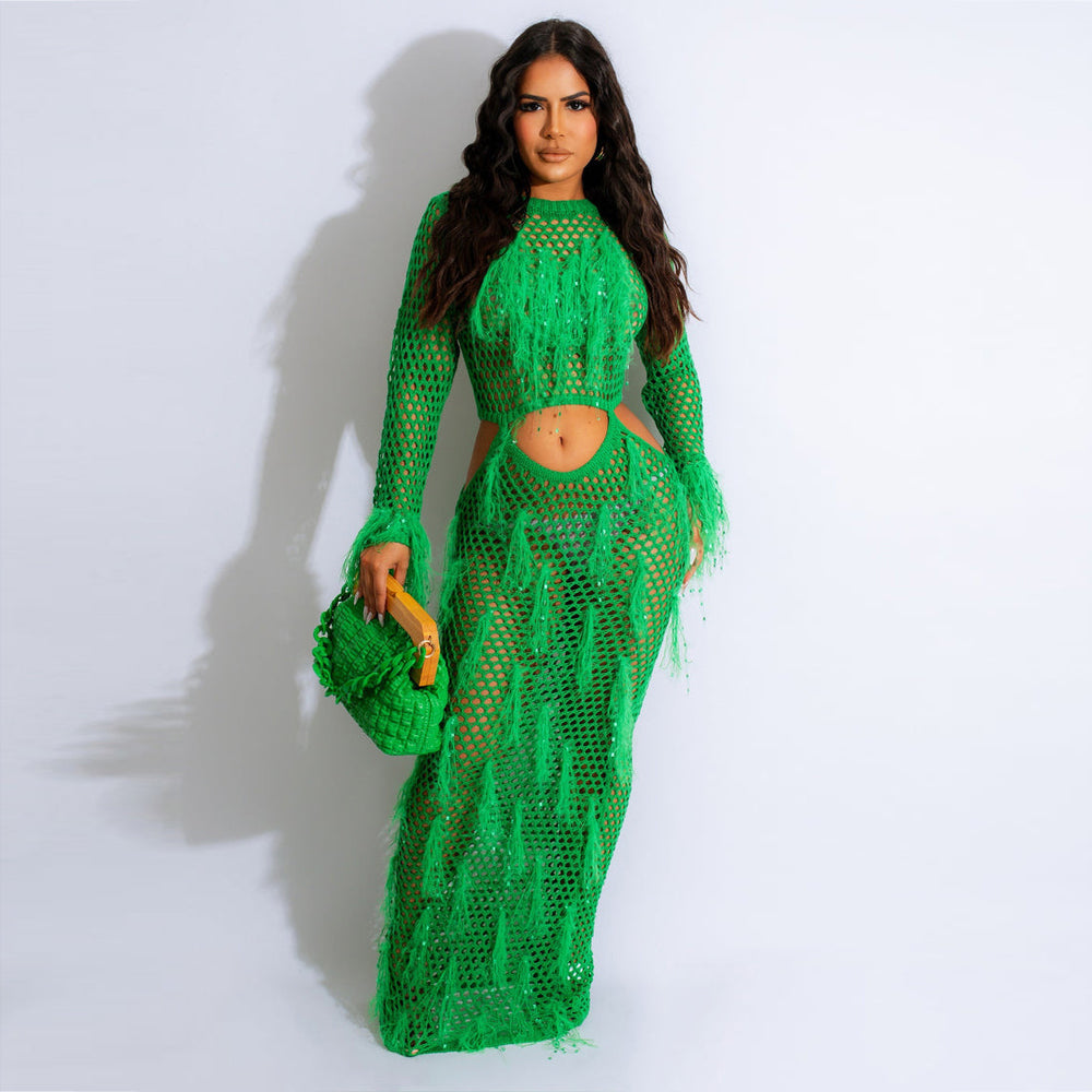 fashion new arrival european and american women's clothing sexy handmade knitting beach skirt cut out imitation mink fur tassel long skirt