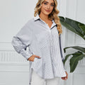 european and american women's clothing cross-border trade independent station  new arrival ruched cuff loose striped shirt top