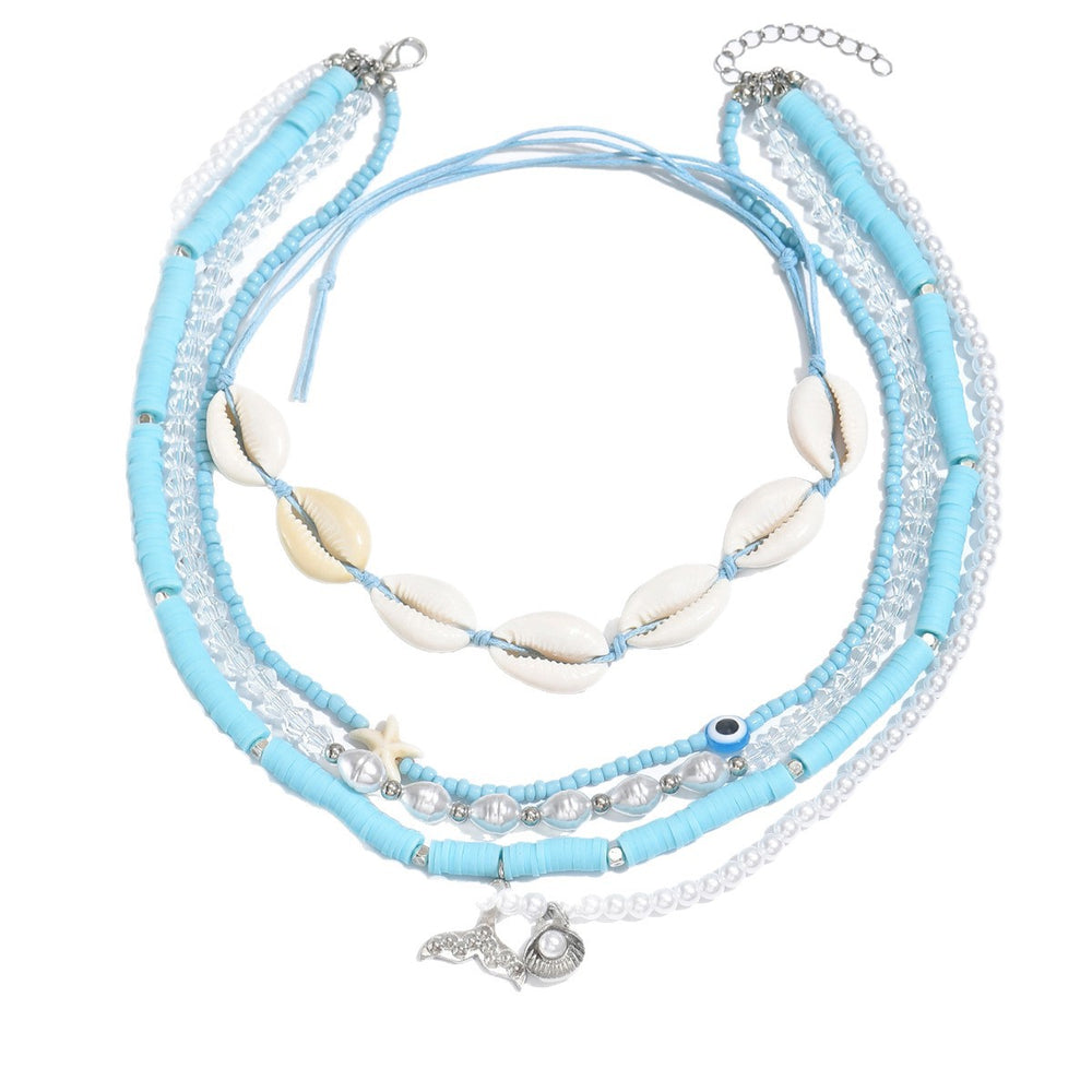 Blue bohemian necklace wholesale - european & american style, perfect for beach, soft clay, pearl & shell, layered necklace