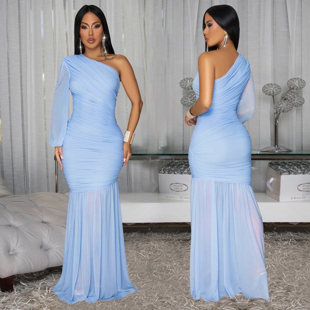 C7500 cross-border   fashion women's sexy one-shoulder mesh high-end dress - new