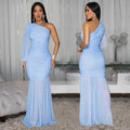 C7500 cross-border   fashion women's sexy one-shoulder mesh high-end dress - new