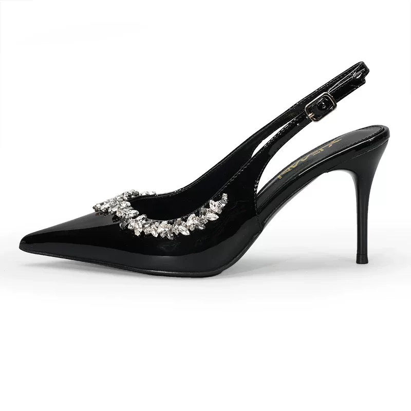 Wo chain rhinestone high heels women's stiletto pointed toe elegantfrenchflats one-piece patent leather toe sandals banquet