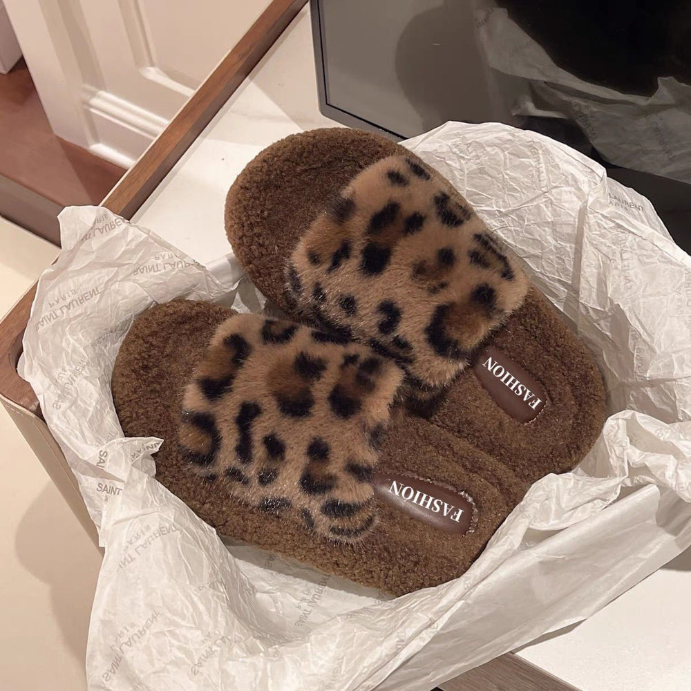 Thick sole leopard print fur slippers for women outwear2025fall and winternew arrivalpopularpopular soft bottom home one-line cotton slippers