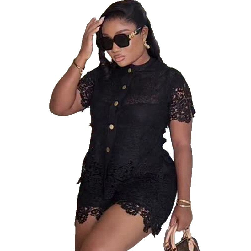 European and american cross-border women's fashion:  autumn new collection - stylish round neck button-down lace short-sleeve blouse and high-waisted shorts set