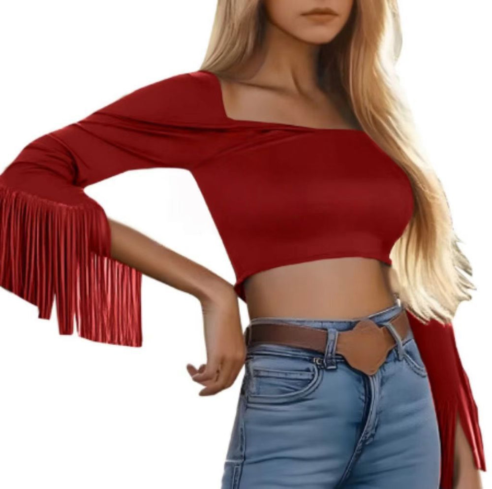 cross-border  new retro western style tassel bodycon top t-shirt