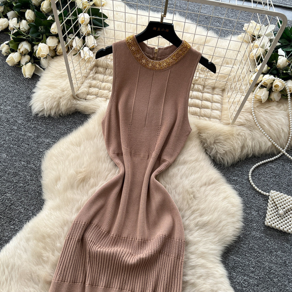 Qianjin wind sleeveless knitting silmdress women's summer k-style cut out breathablehigh waistslimming lookelegant long skirt