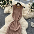 Qianjin wind sleeveless knitting silmdress women's summer k-style cut out breathablehigh waistslimming lookelegant long skirt