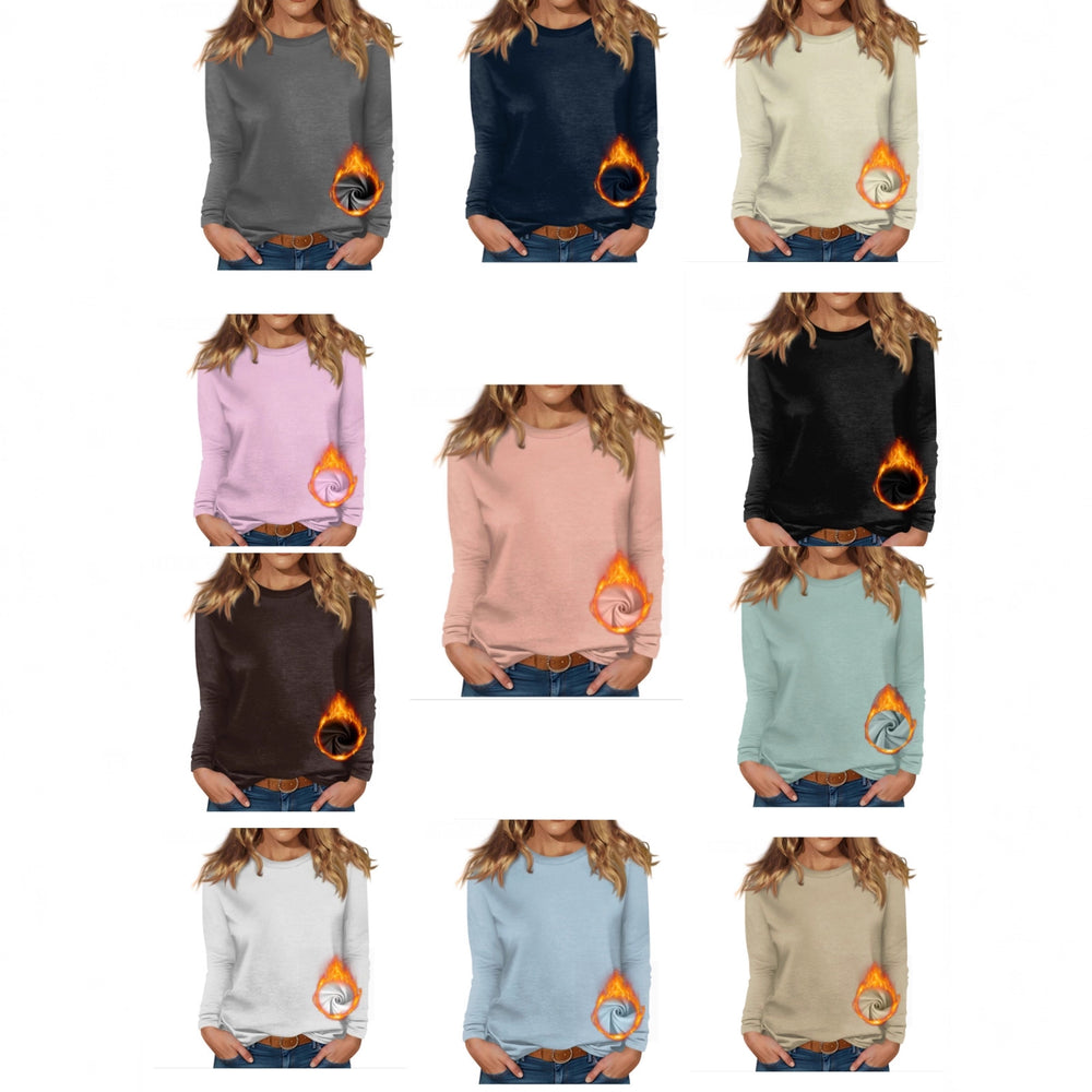 cross-border new women's round neck long sleeve solid color fleece-lined base layer top