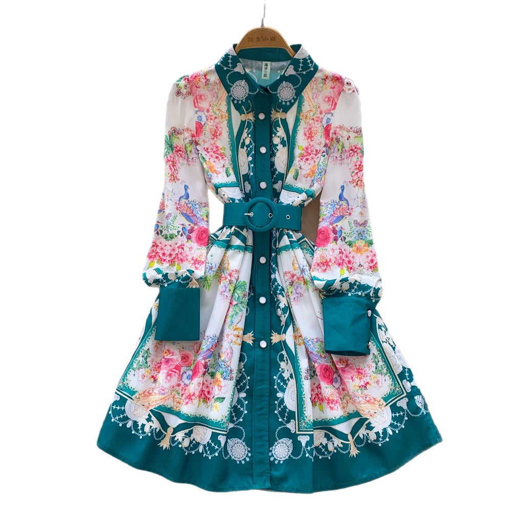 Spring new arrivaldress women's frenchretro lapel long sleeves single breasted waist slimming look printing a-line shirt skirt