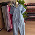 European and american cross-border women's fashion:  summer new arrival - stylish and elegant blue striped short-sleeve shirt and pants set with turn-down collar