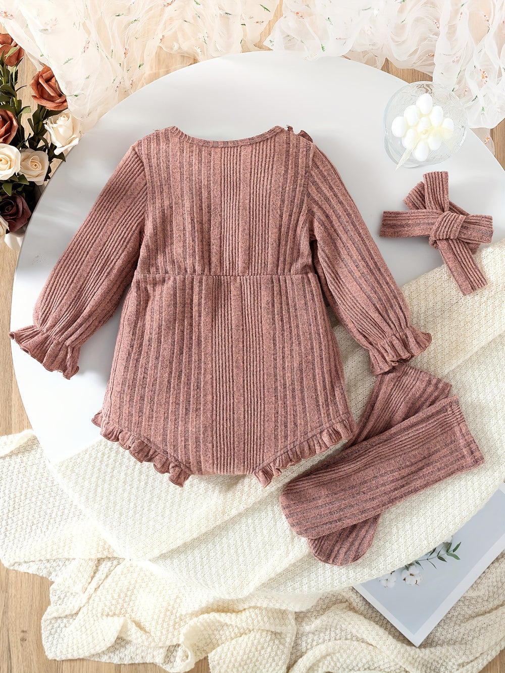 new product baby and children's fashion style thickened brushed knitting ruffles one-piece + socks + headscarf three sets