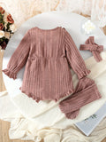 new product baby and children's fashion style thickened brushed knitting ruffles one-piece + socks + headscarf three sets