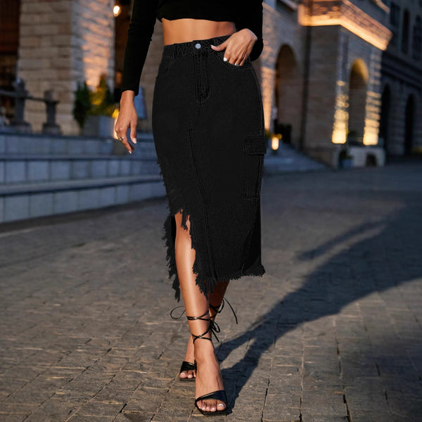 Europe, America, spring and summer, new split tassel, ripped half-body denim skirt women