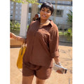 European and american style women's clothing  autumn new collection: sweet and fresh turn-down collar long-sleeve shirt and high-waisted straight-leg shorts two-piece set