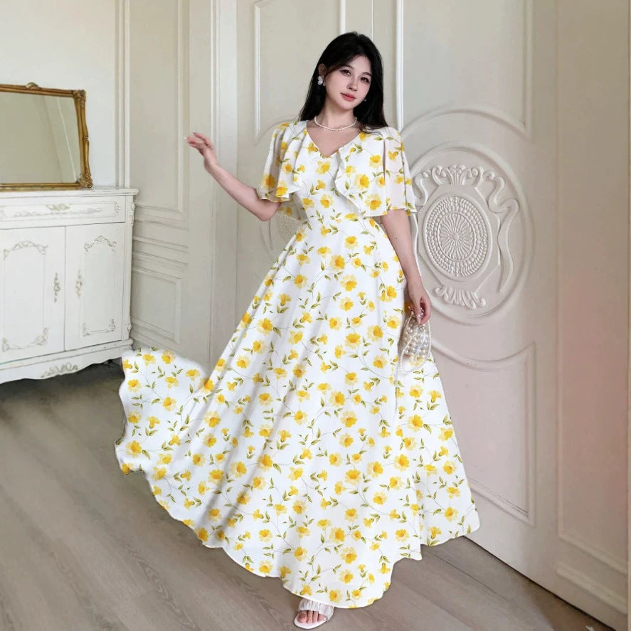 new european and american style white dress with yellow floral print, v-neck, double-layer flutter sleeves, a-line silhouette, and chiffon fabric