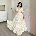 new european and american style white dress with yellow floral print, v-neck, double-layer flutter sleeves, a-line silhouette, and chiffon fabric
