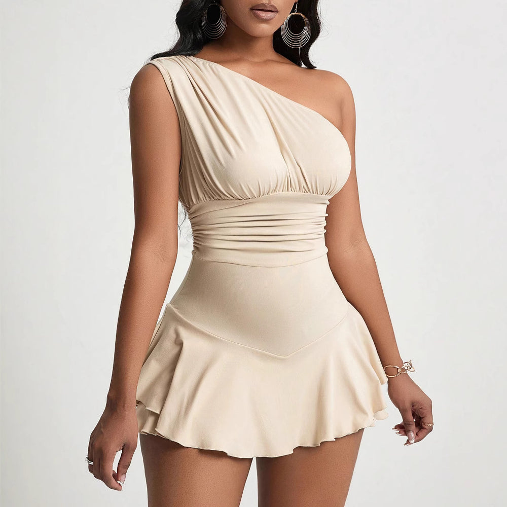 spring/summer new arrivals:  cross-border women's clothing - elegant and intellectual style dress, asymmetrical neckline, high-waisted, ruffle hem mini dress