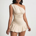 spring/summer new arrivals:  cross-border women's clothing - elegant and intellectual style dress, asymmetrical neckline, high-waisted, ruffle hem mini dress
