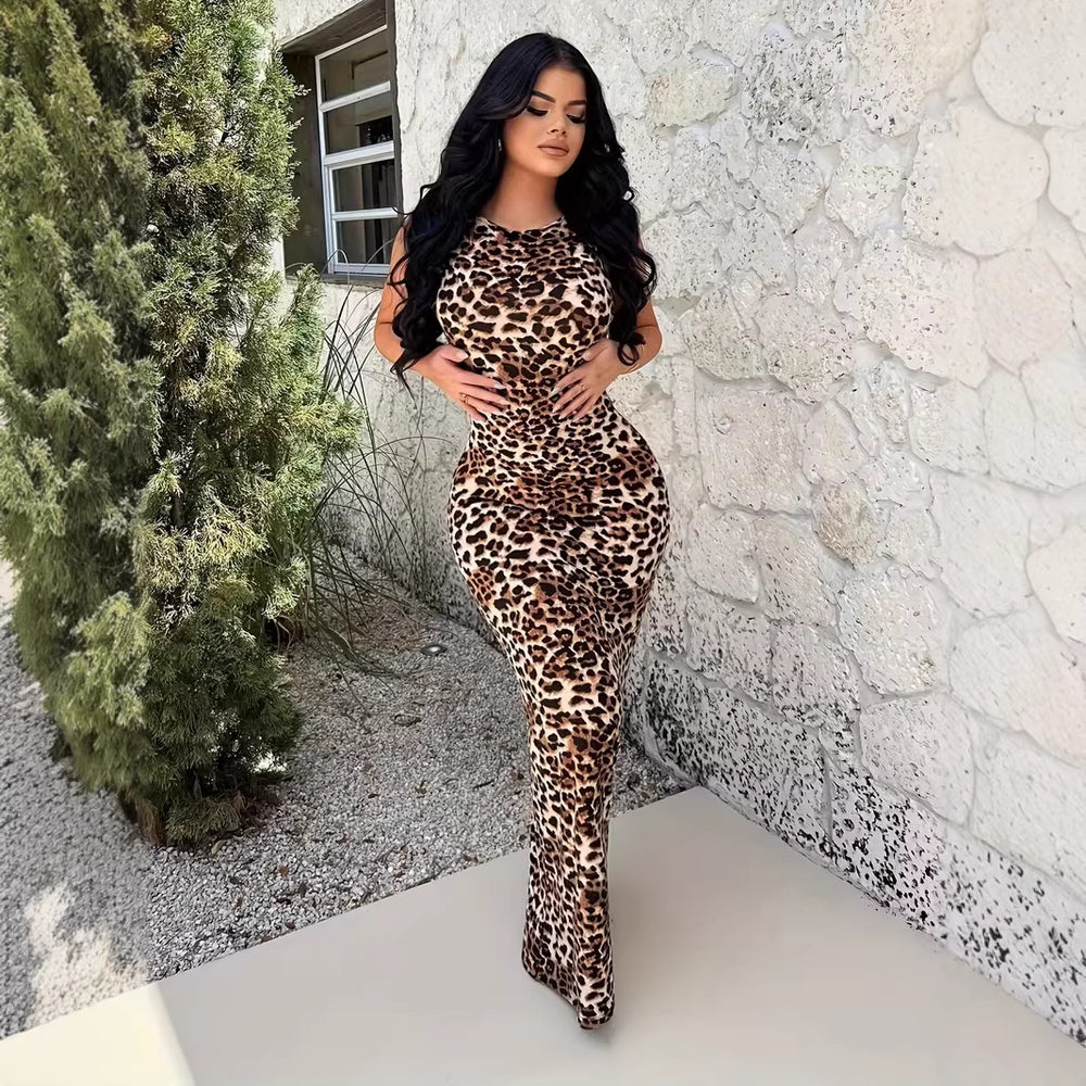 Temu women's foreign trade independent website  summer leopard print open back bodycon sleeveless dress - perfect for beach vacations