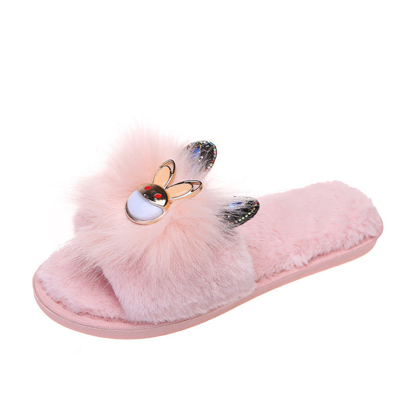 Little rabbit rhinestone furry cotton slippers for women outwear popularins trendy rhinestone korean style cartoon furry shoes thick sole slippers