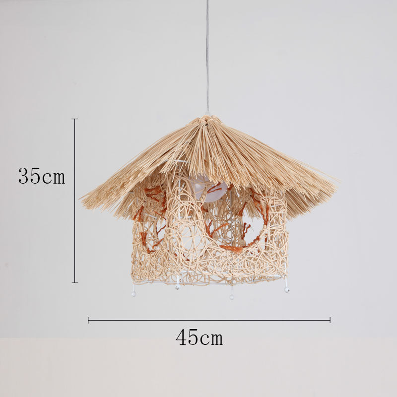 Vintage rattan straw hat chandelier rattan art round bird's nest Chinese pastoral hotel restaurant agritainment bed and breakfast straw hat lamp