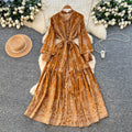 Vintage print ruffle collar tie-waist a-line maxi dress - long sleeve, slimming, and perfect for work